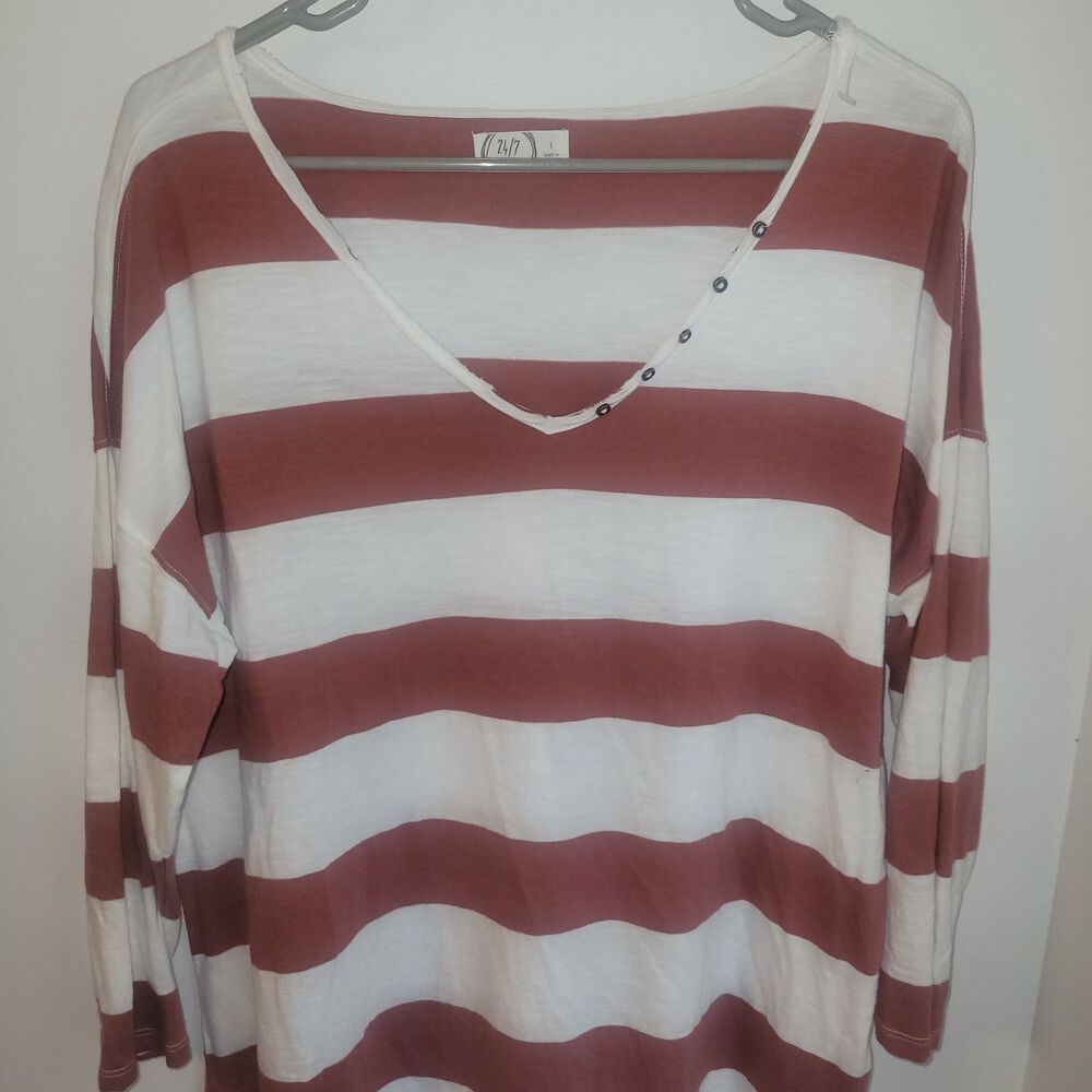 Maurice's Stripe Shirt Size 1 One 3/4 Sleeve Striped White Rust